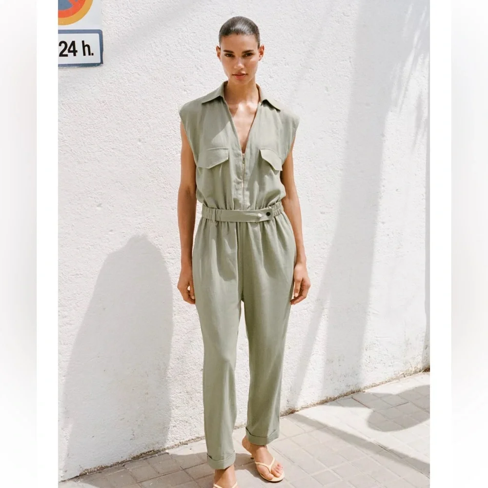 Zara NWT linen belted long jumpsuit 8166/709